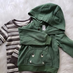 Green sweater & grey striped shirt